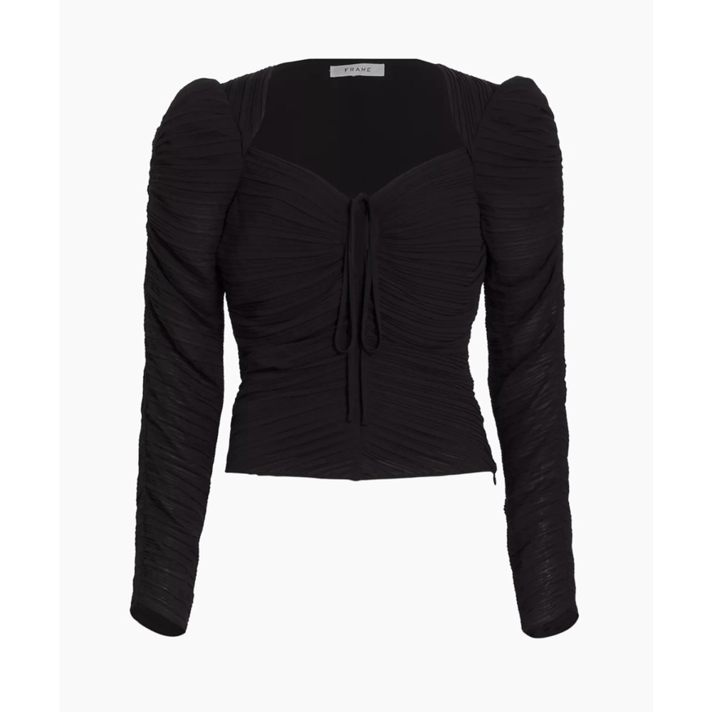 Frame NWT Gathered Keyhole Tie-Neck Top in Noir Size L